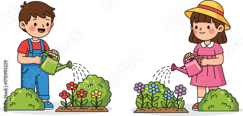 Cartoon children watering flowers, gardening kids, outdoor activity, colorful flower beds, boy and girl, spring garden, cheerful nature scene, playful illustration