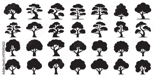 Silhouette tree vector set, black tree shapes collection, natural forest graphic elements design