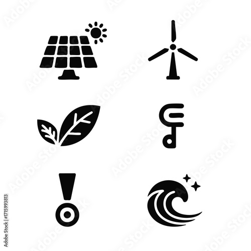 Renewable energy sources icon set, 5 icons solar panel, wind turbine, leaf biofuel, geothermal symbol, wave tidal.