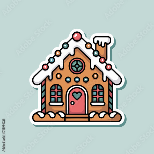 Charming gingerbread house illustration with festive icing and colorful decoration isolated