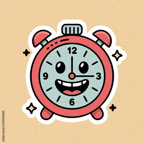 Cheerful cartoon alarm clock sticker with smiling face illustrating time and punctuality