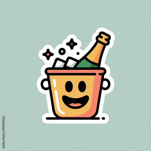 Cheerful champagne bucket with ice cubes and bottle sticker icon celebrating joy vector