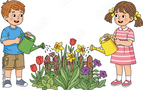 Cartoon children watering garden, flower bed care, teamwork outdoors, spring blossoms, cute boy and girl, cheerful nature scene, gardening illustration art