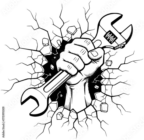 A hand breaking through a wall holding a wrench, mechanic svg, power svg, breakthrough svg, repair svg