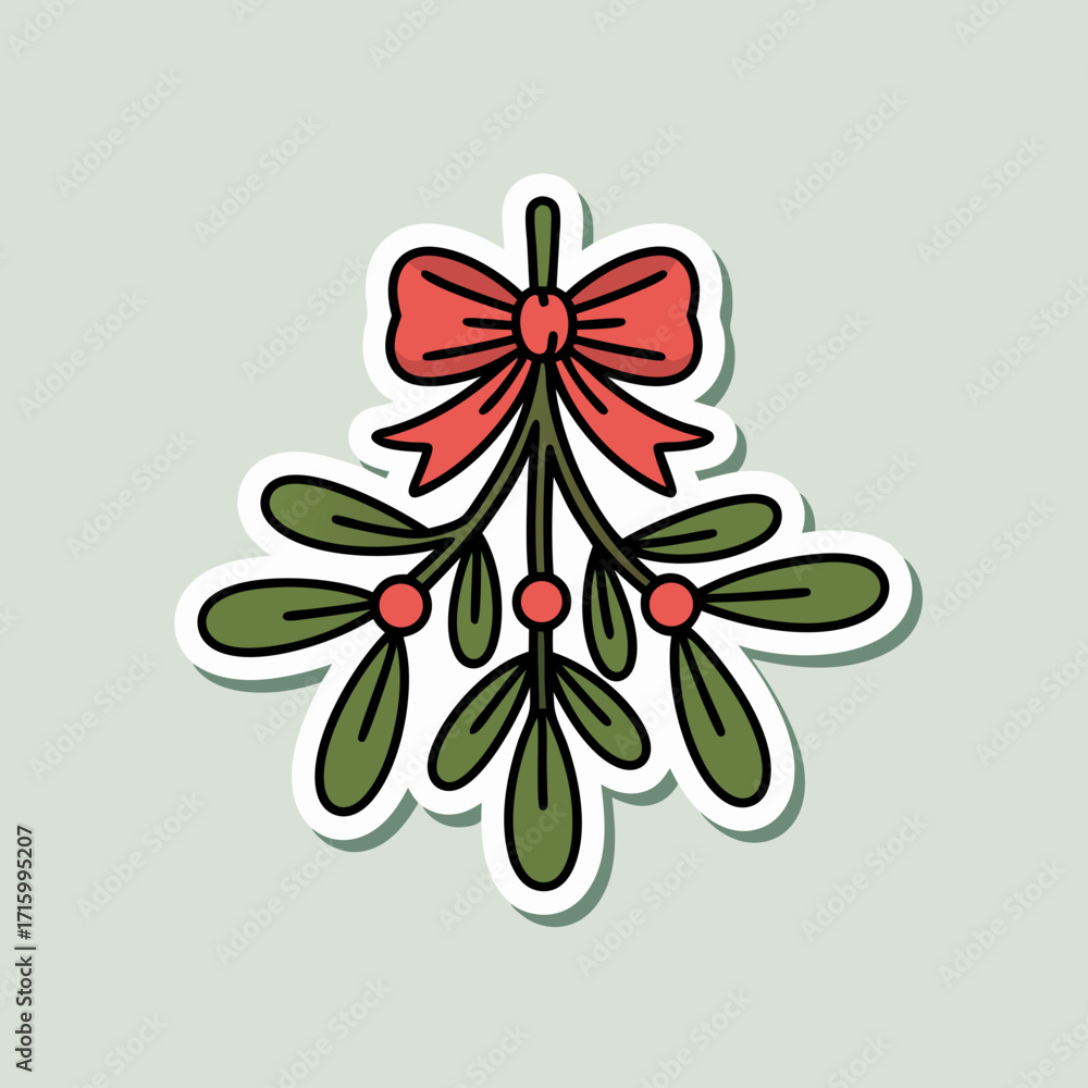 Fototapeta premium Festive Mistletoe Sprig with Red Bow and Berries on a Clean White Sticker Look