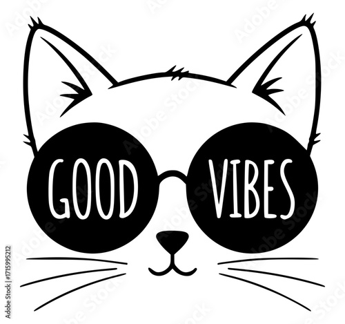 Cat face with "Good Vibes" on sunglasses, cat svg, good vibes svg, cute animal svg, sunglasses svg