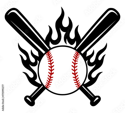 Crossed baseball bats and ball with flames, baseball svg, sports svg, fiery svg, team logo svg