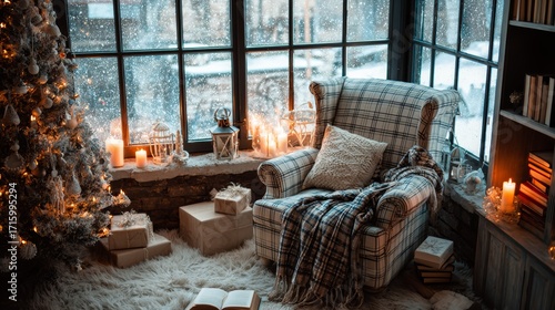 Cozy winter reading nook with armchair and candles by snowy window