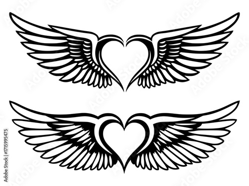 Heart with a pair of angelic wings, love svg, angel wings svg, romantic svg, tattoo design svg