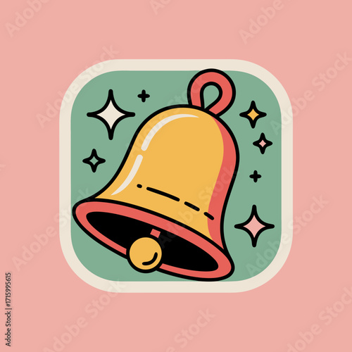 Retro Holiday Bell Illustration with Sparkles on Green Square Isolated on Pink Background