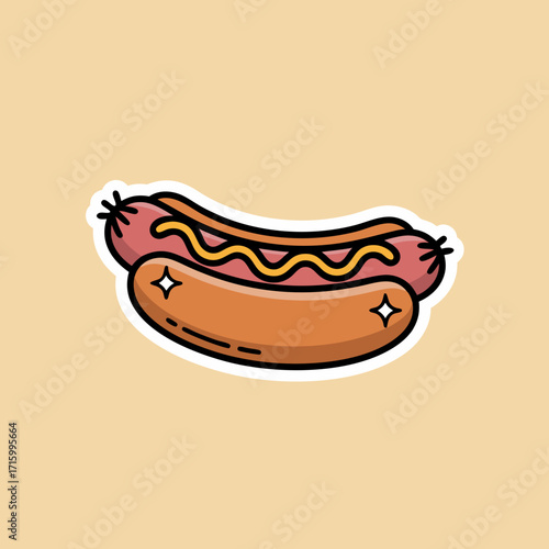 Simple hot dog cartoon with mustard and bun on beige background sticker