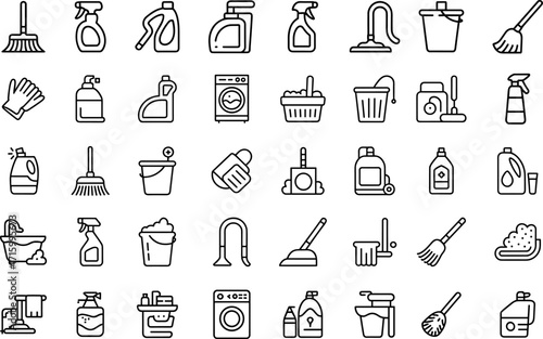 Domestic Cleaning Outline Vector Illustration Set Isolated on Transparent Background