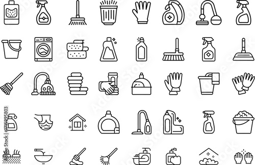 Cleaning Equipment Outline Vector Illustration Set Isolated on Transparent Background