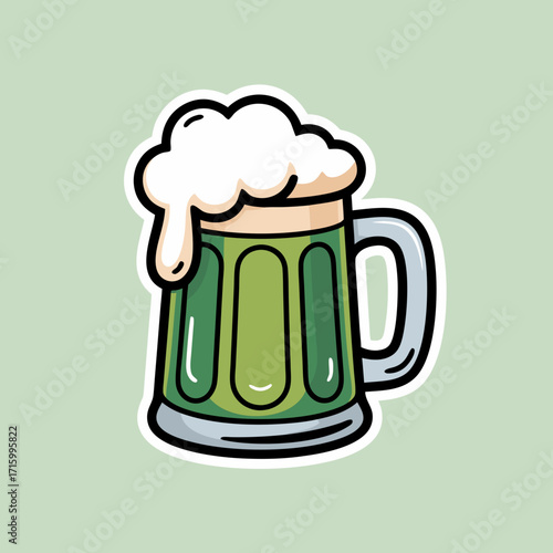 St Patrick's Day Green Beer Mug Sticker Illustration with Frothy Head and Handle
