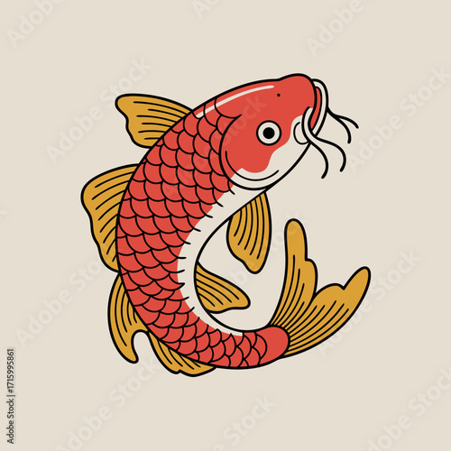 Stylized Red and Gold Koi Fish Illustration, Japanese Art, Minimalist Vector Design