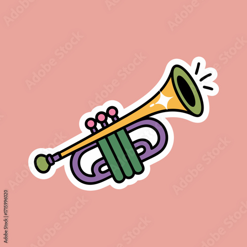 Vibrant Cartoon Trumpet Illustration Against Pink Background: Musical Instrument Art