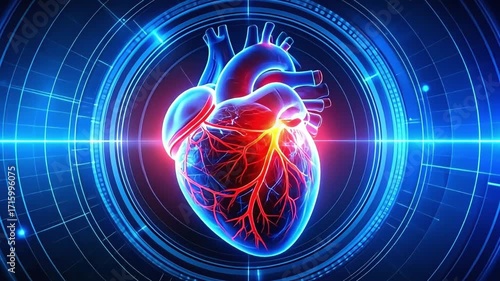Futuristic medical interface scanning a digital human heart for cardiological analysis and diagnostics