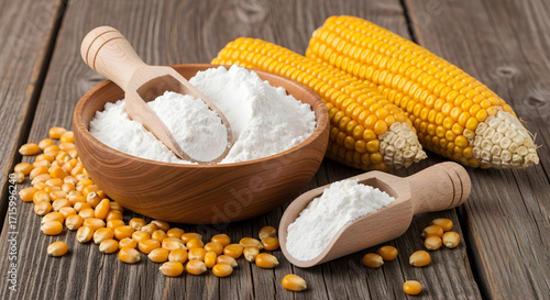 Rustic Composition of Dried Corn: Cobs, Kernels, and Corn Flour in Wooden Bowl on a Textured Table