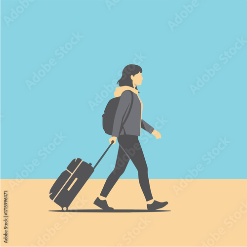 Stylized Illustration of a Traveler Walking with Rolling Luggage and Backpack