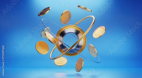 Futuristic digital globe surrounded by orbiting golden cryptocurrency coins
