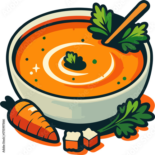 Cartoon Vector of Carrot Soup Bowl with Parsley, Croutons, Spoon, and Fresh Carrot 