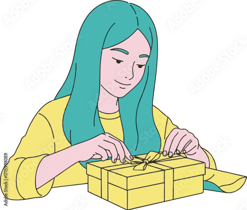 Thoughtful Young Person Tying Ribbon on a Bright Yellow Gift Box