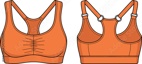Stylish women's athletic sports bra in vibrant orange with ruched front and adjustable straps, perfect for yoga, gym, and fitness.