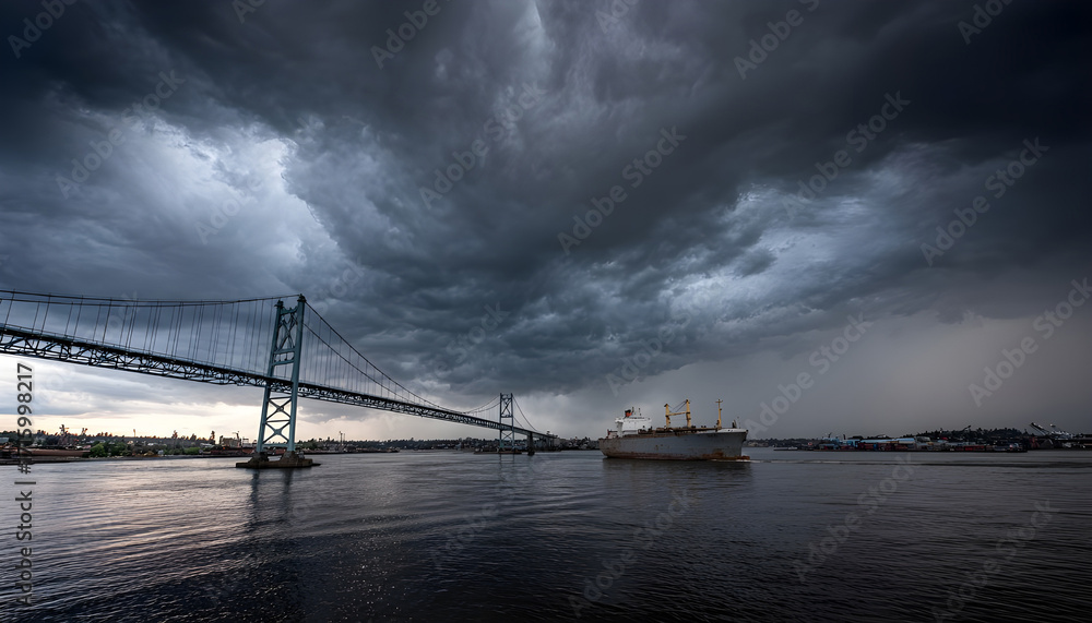 Fototapeta premium View a bridge and ship from above water under a dramatic cloudy stormy sky.