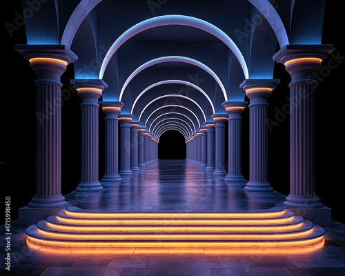 A long corridor with arched ceilings, pillars, and steps, lit by neon lights.  Dark and elegant