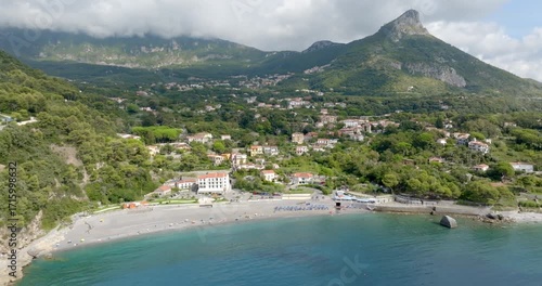 Panorama of the Fiumicello beach located in Maratea. It is a popular seaside resort overlooking the Mediterranean Sea in the province of Potenza, Basilicata, Italy.