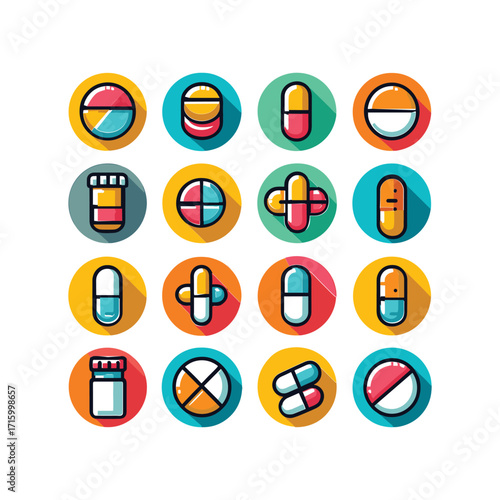 Colorful illustrated pills and capsules on a grid