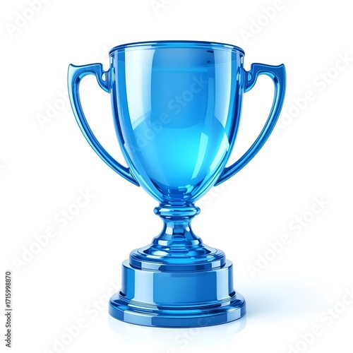 A 3D glossy blue glass trophy icon with transparent reflective effect.