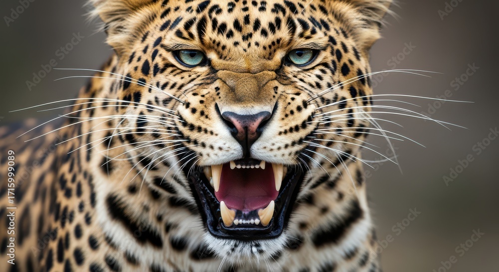 Fototapeta premium Aggressive Leopard Snarling With Open Mouth and Blue Eyes