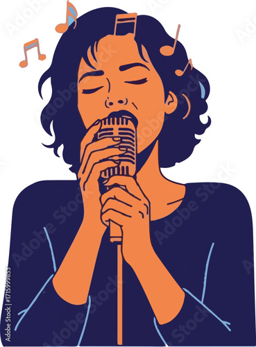 Passionate Female Singer Illustration with Microphone and Musical Notes