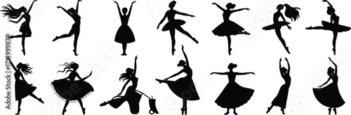 Ballet dancer silhouettes, ballerina poses, dance performance illustration, graceful motion vector, black outline art, cultural design, stage icons, choreography