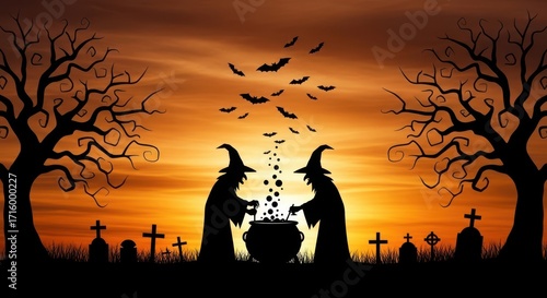 Halloween witches brewing magic potion at graveyard during sunset with bats flying
