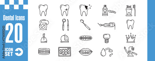 Dental icons set collection of 20 dental care and dentistry related line art icons perfect for dental clinics, dentists, and oral health promotions