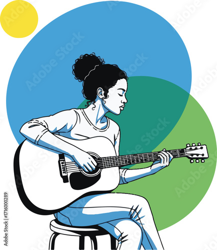 Concentrated Young Woman Playing Acoustic Guitar Illustration