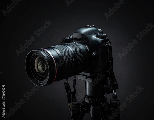 Black Digital Camera on Tripod Against Dark Grey Backdrop with Dramatic Lighting Highlighting Lens and Body Details for Professional Photography