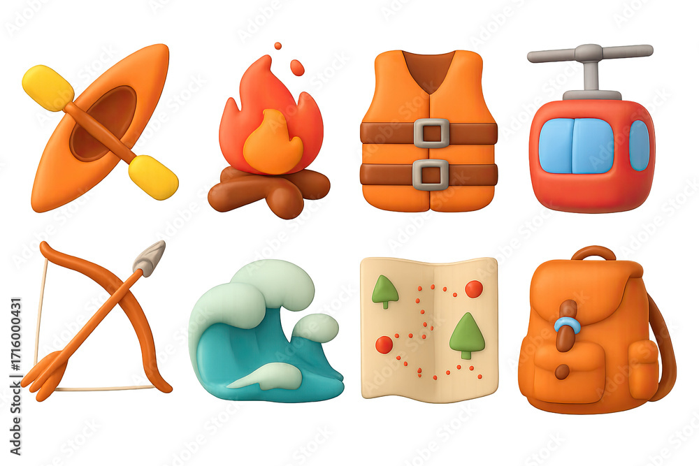 Fototapeta premium Outdoor adventure icons with kayak, campfire, and hiking elements in 3d style
