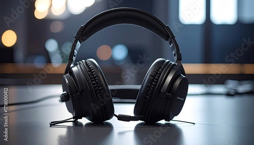 Black Headphones on Gray Surface with Blurred Background Focus for Professional Audio and Studio Equipment