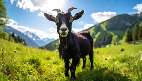 Black Goat Standing in Lush Green Meadow with Mountain Backdrop Under Bright Sunlight