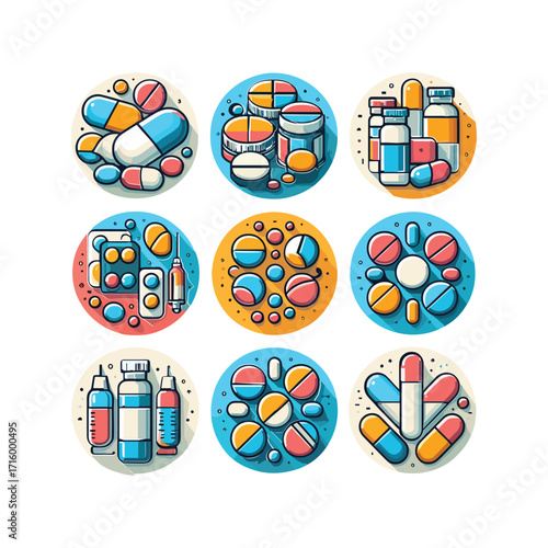 Colorful illustrations of various medications and pills