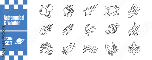 Astronomical and weather icon set featuring celestial bodies, atmospheric phenomena, and weather elements in a minimalist, lineart style design