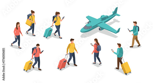 Travelers with luggage and airplane in isometric style
