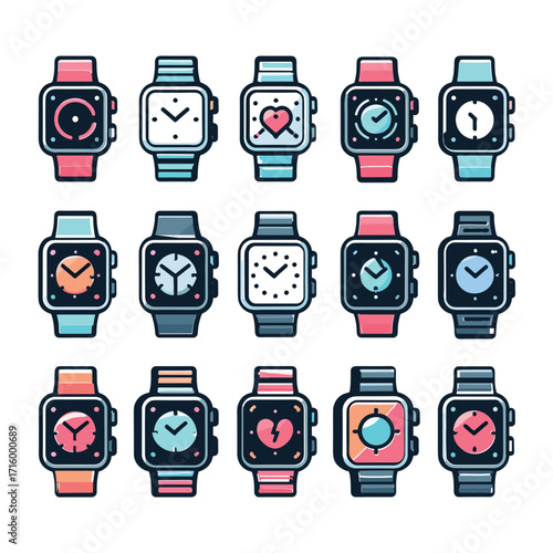 Colorful illustrations of various smartwatch designs displayed