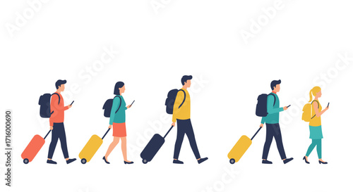 Travelers walking in line with luggage and smartphones in hand