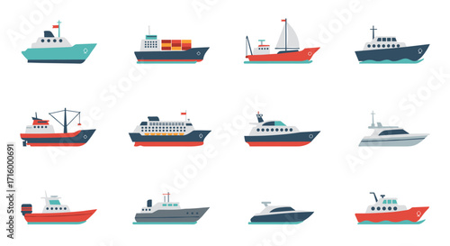 Set of various boats and ships in flat design on white background