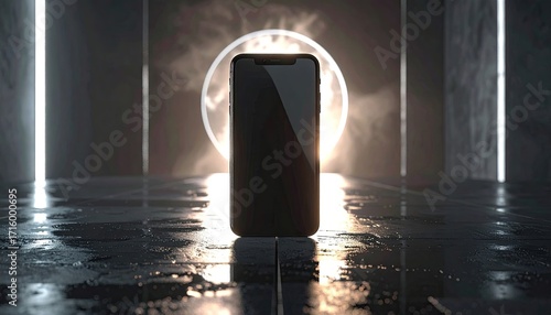 Black Modern Phone on Wet Concrete Surface with Ring Light Glowing in Tunnel with Cinematic HDR Lighting and Grungy Industrial Texture