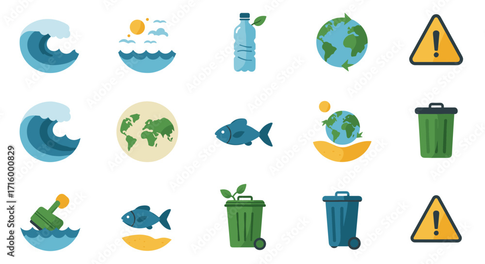 Fototapeta premium Eco-friendly icons: environment, recycling, nature conservation, ocean life and earth awareness